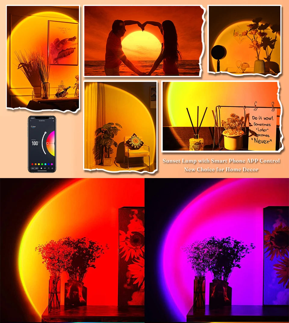 Sunset Projection Lamp — 16-Color LED Mood Light Projector with Remote, USB, for Bedroom & Photos