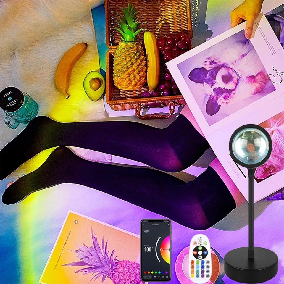 Sunset Projection Lamp — 16-Color LED Mood Light Projector with Remote, USB, for Bedroom & Photos