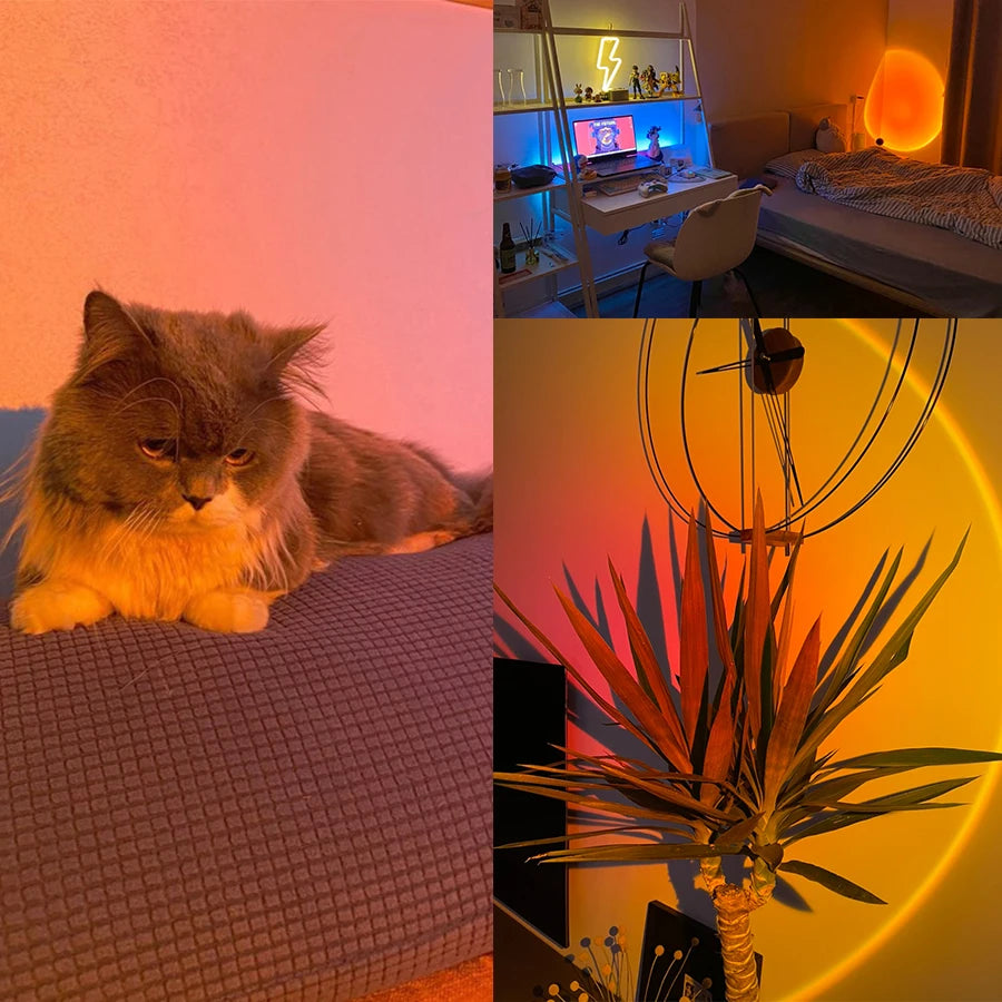 Sunset Projection Lamp — 16-Color LED Mood Light Projector with Remote, USB, for Bedroom & Photos