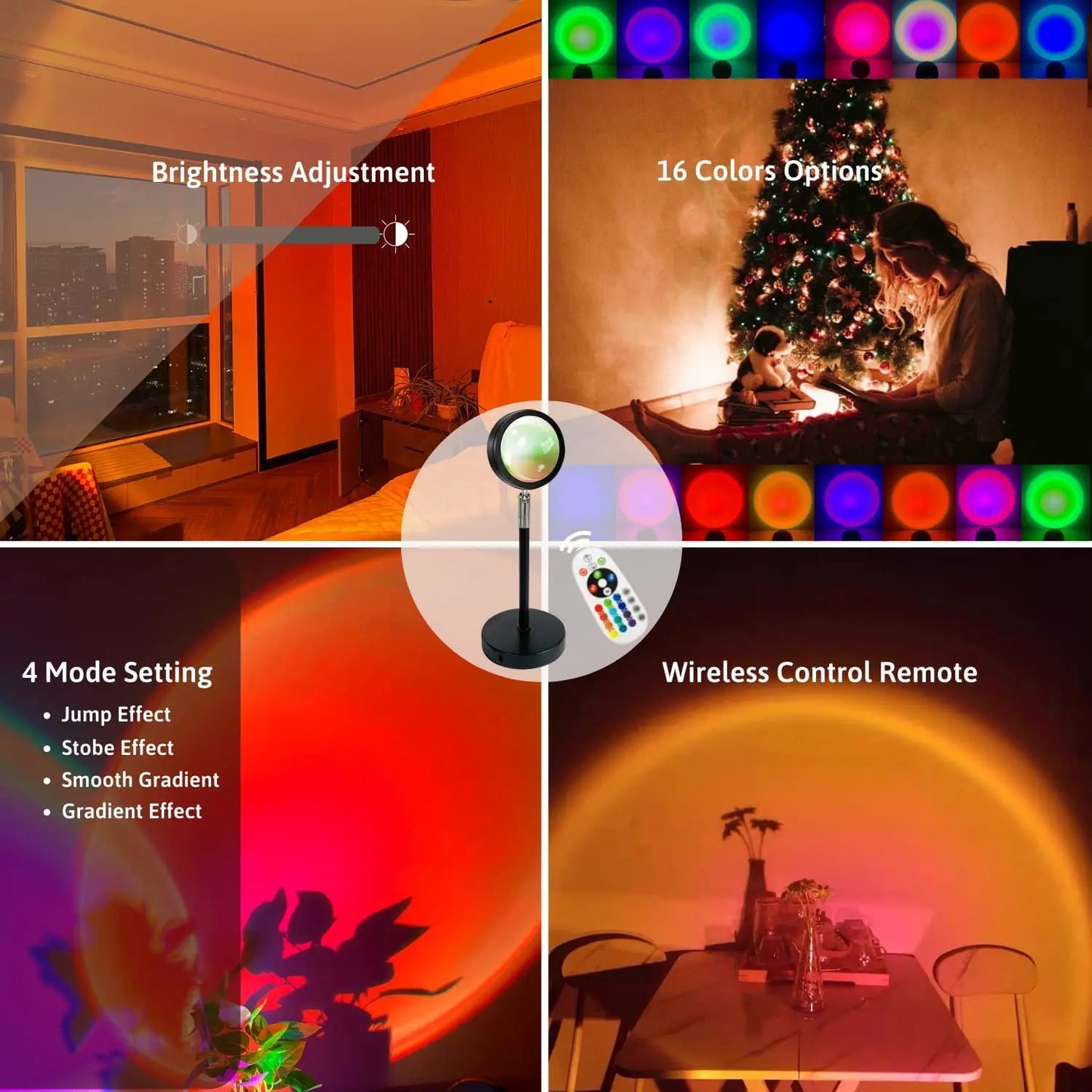 Sunset Projection Lamp — 16-Color LED Mood Light Projector with Remote, USB, for Bedroom & Photos