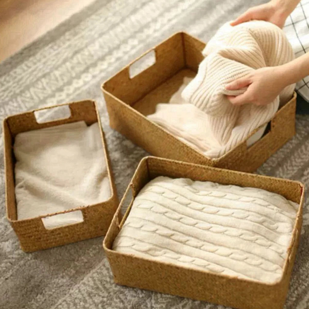 Woven Seagrass Storage Basket — Handwoven Decorative Organizer for Blankets, Plants, Toys & Laundry