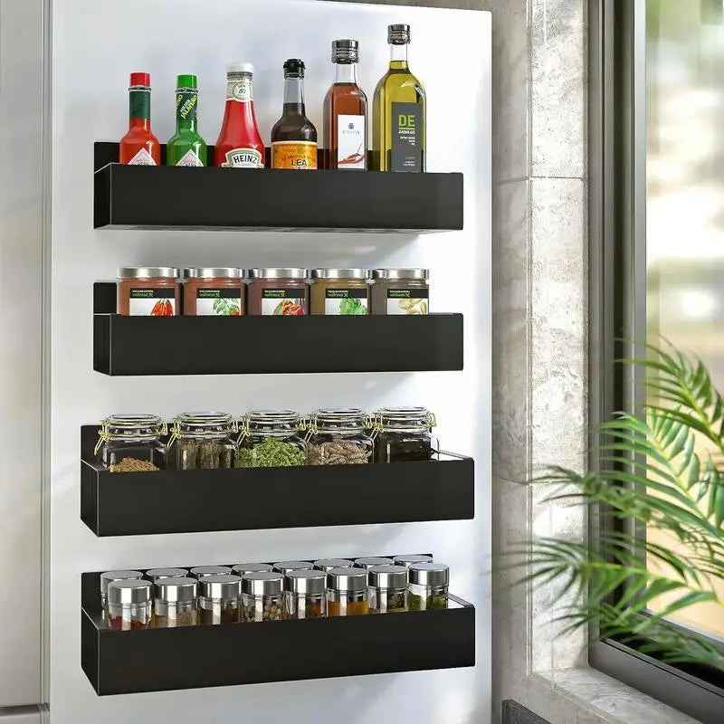 Magnetic Spice Rack (4-Pack) — Stainless Steel Magnetic Spice Jars for Fridge & Range Hood, Clear-View Lids