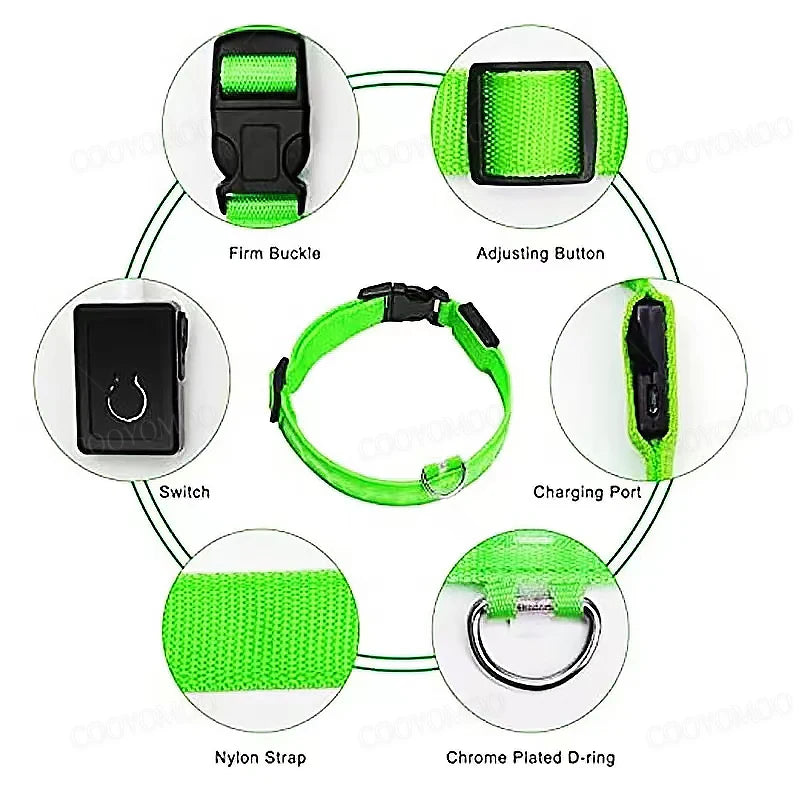 LED Dog Collar — USB Rechargeable Light-Up Safety Collar for Night Walks, Adjustable, Multiple Sizes & Colors