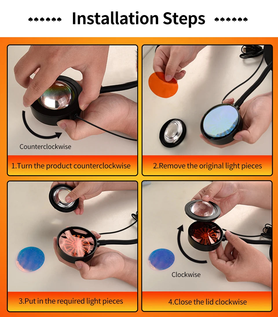 Sunset Projection Lamp — 16-Color LED Mood Light Projector with Remote, USB, for Bedroom & Photos