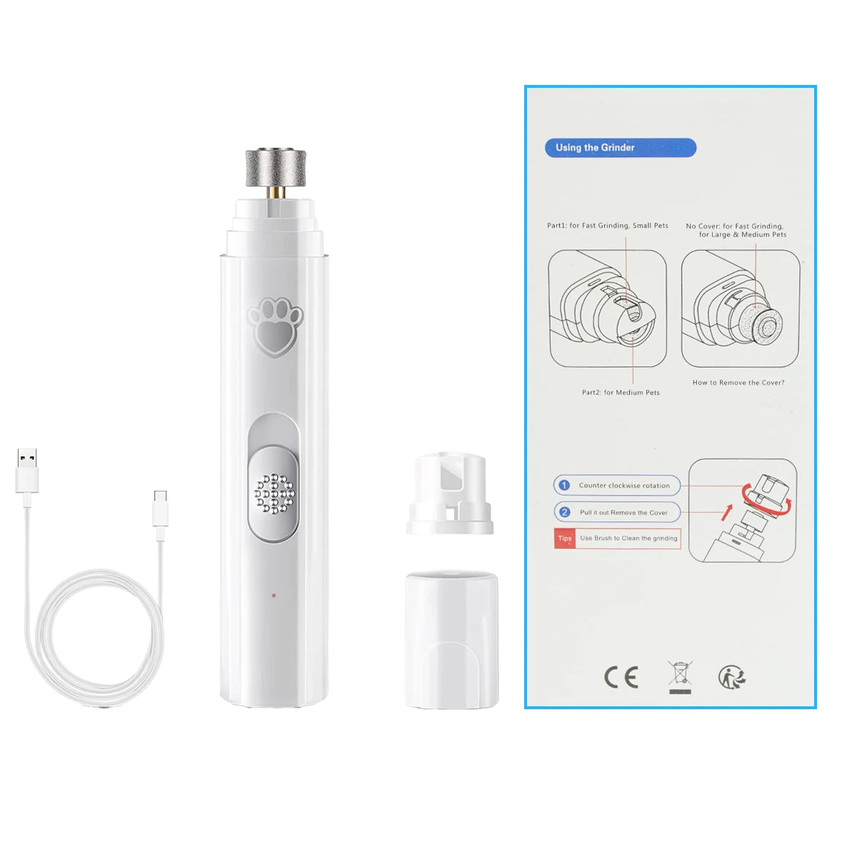 Electric Pet Nail Grinder — Rechargeable Quiet Dog & Cat Nail Trimmer for Painless Paw Grooming