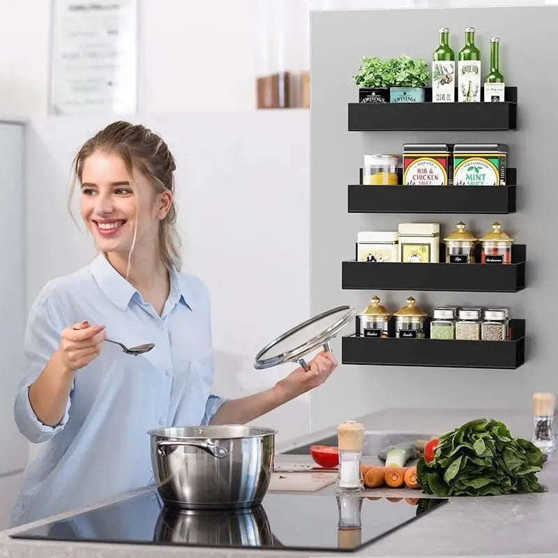 Magnetic Spice Rack (4-Pack) — Stainless Steel Magnetic Spice Jars for Fridge & Range Hood, Clear-View Lids