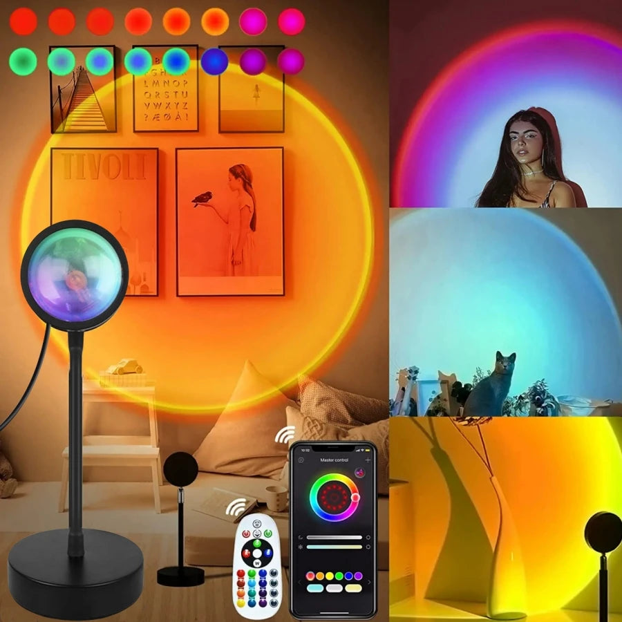 Sunset Projection Lamp — 16-Color LED Mood Light Projector with Remote, USB, for Bedroom & Photos