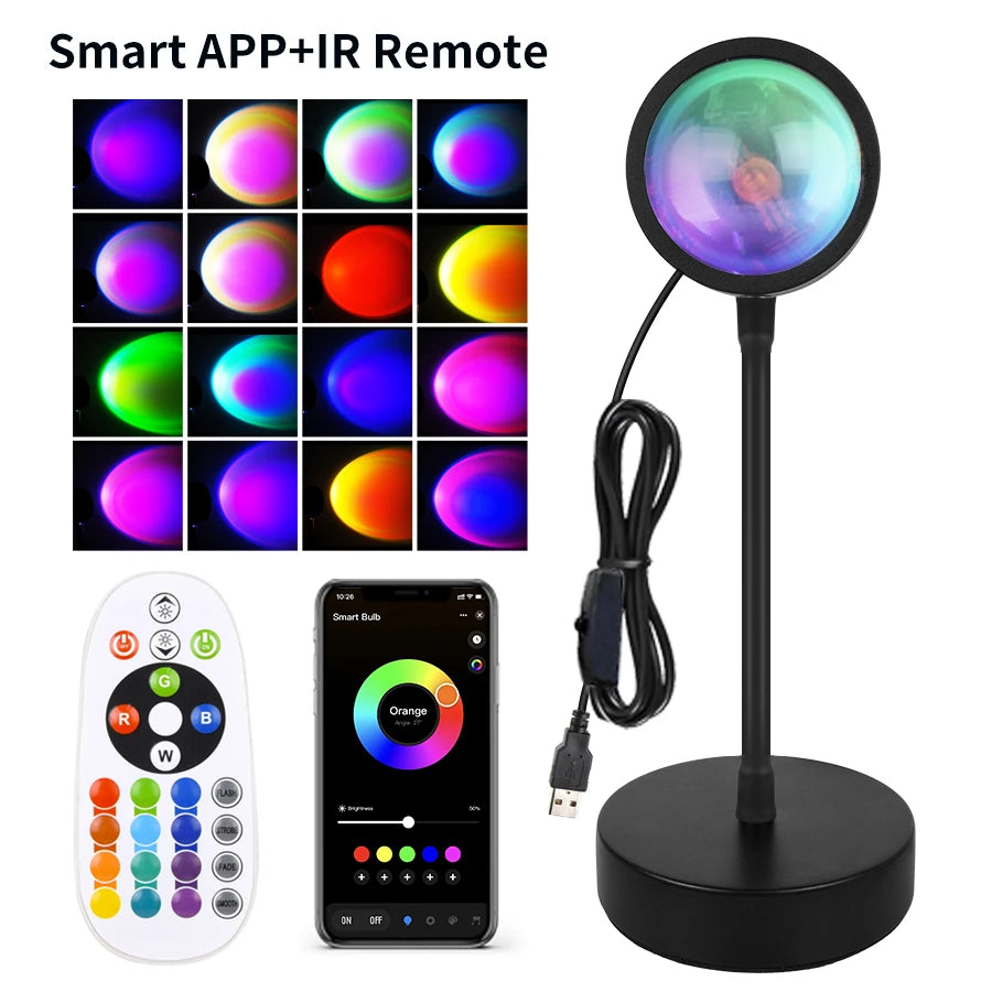 Sunset Projection Lamp — 16-Color LED Mood Light Projector with Remote, USB, for Bedroom & Photos