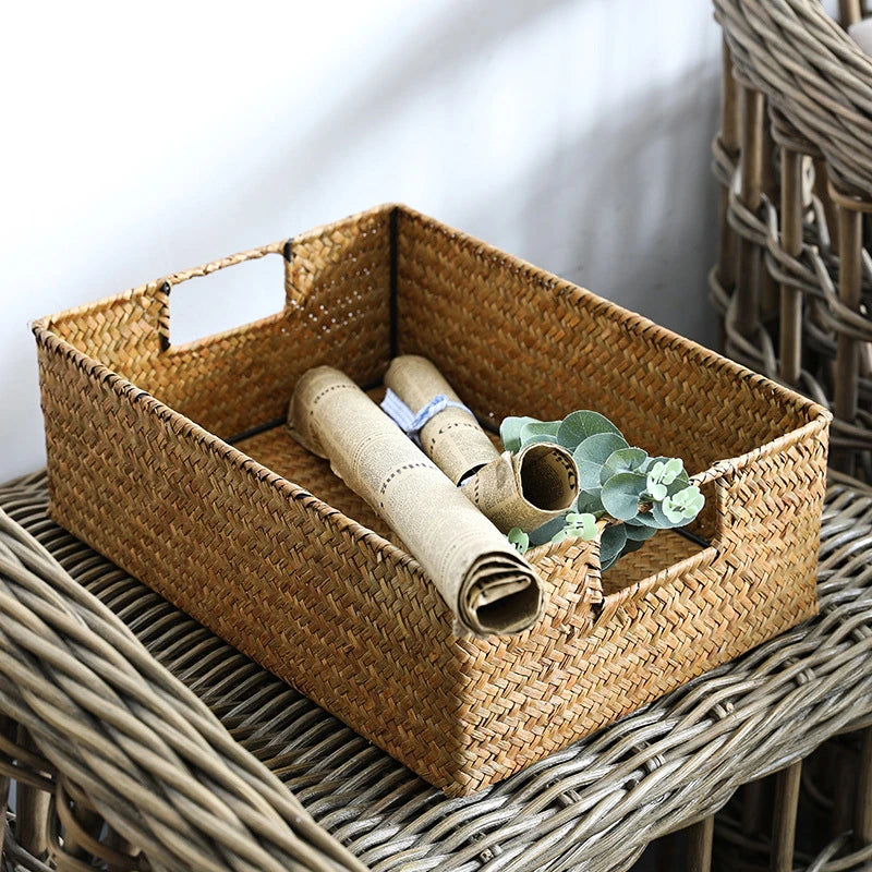 Woven Seagrass Storage Basket — Handwoven Decorative Organizer for Blankets, Plants, Toys & Laundry