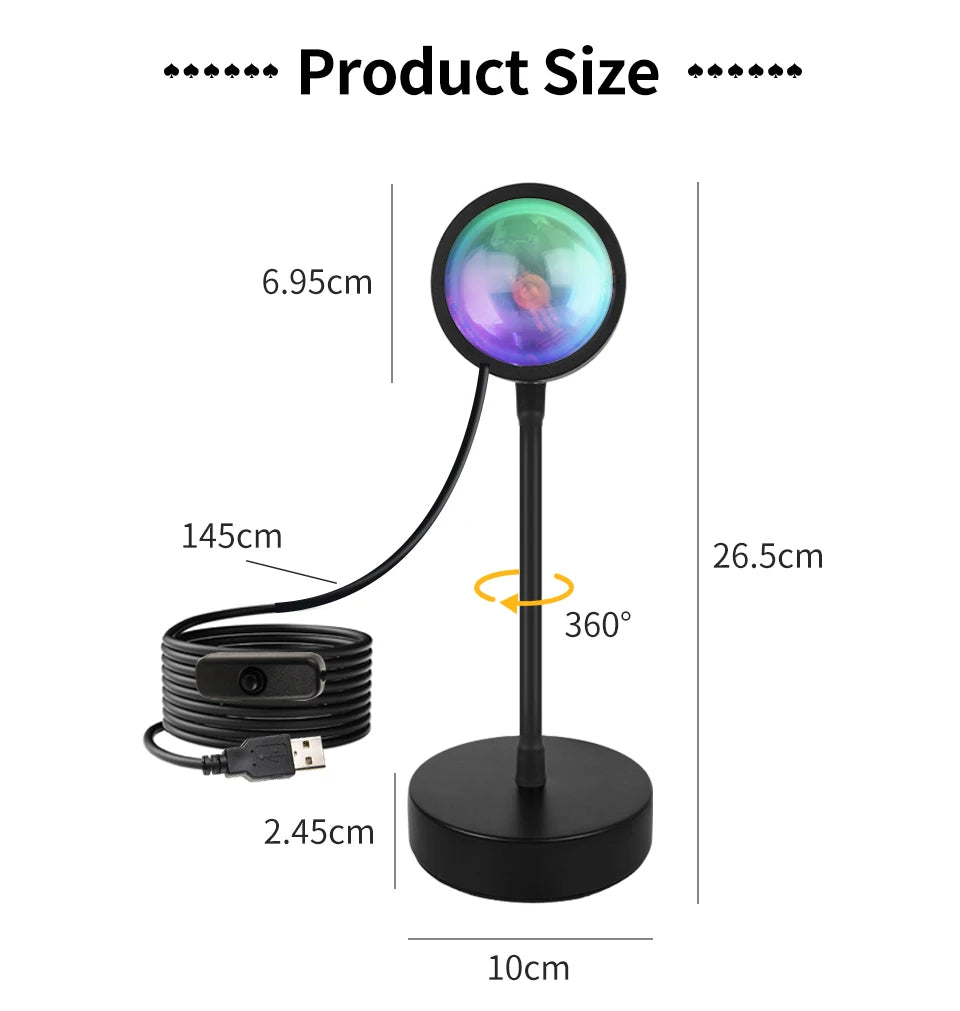 Sunset Projection Lamp — 16-Color LED Mood Light Projector with Remote, USB, for Bedroom & Photos
