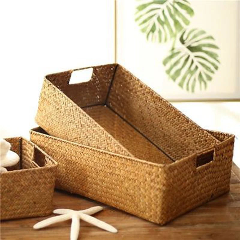 Woven Seagrass Storage Basket — Handwoven Decorative Organizer for Blankets, Plants, Toys & Laundry