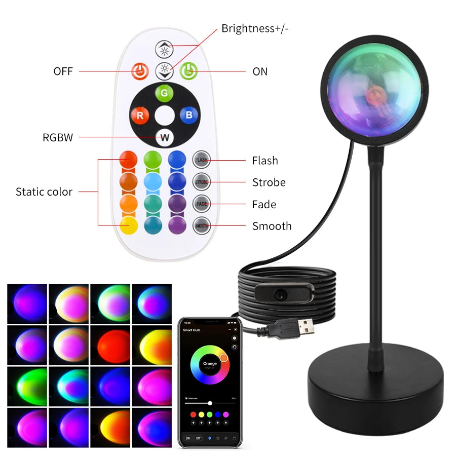 Sunset Projection Lamp — 16-Color LED Mood Light Projector with Remote, USB, for Bedroom & Photos