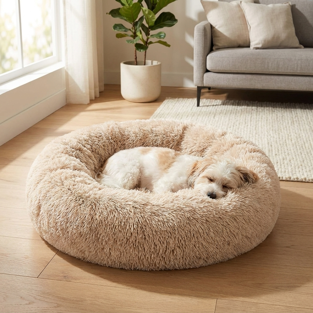 Calming donut dog bed with a dog asleep in a cozy sunlit living room