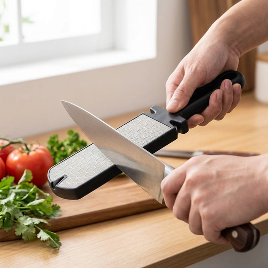 5-in-1 pistol-grip knife sharpener in use